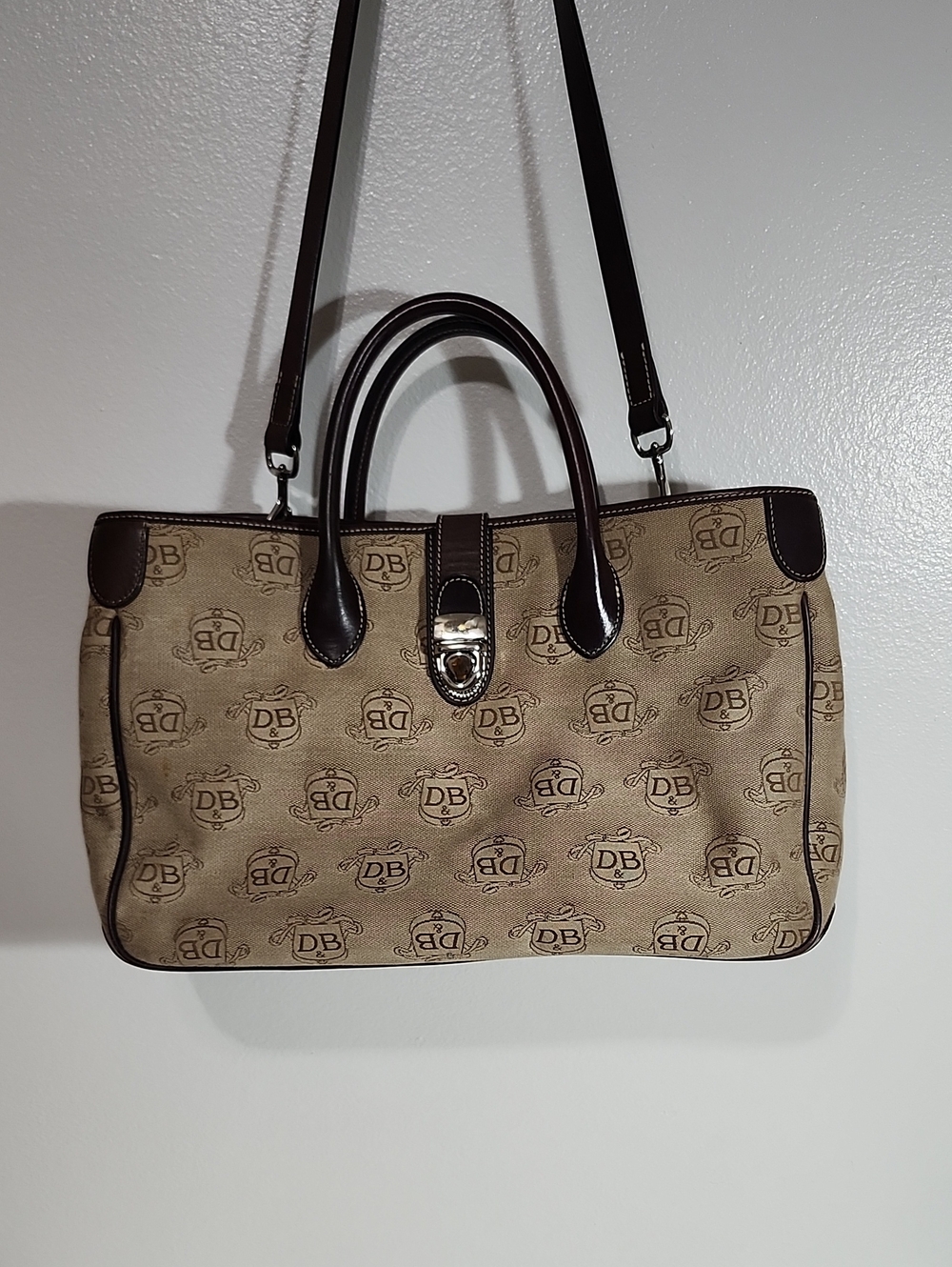 Dooney & Bourke Tan Canvas DB Logo Tote with Dark Brown Trim